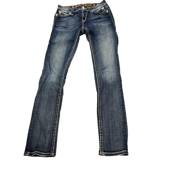 Rock Revival Jeans 27 Straight Y2K Thick Stitch Flap Pockets Designer Streetwear - Picture 3 of 7